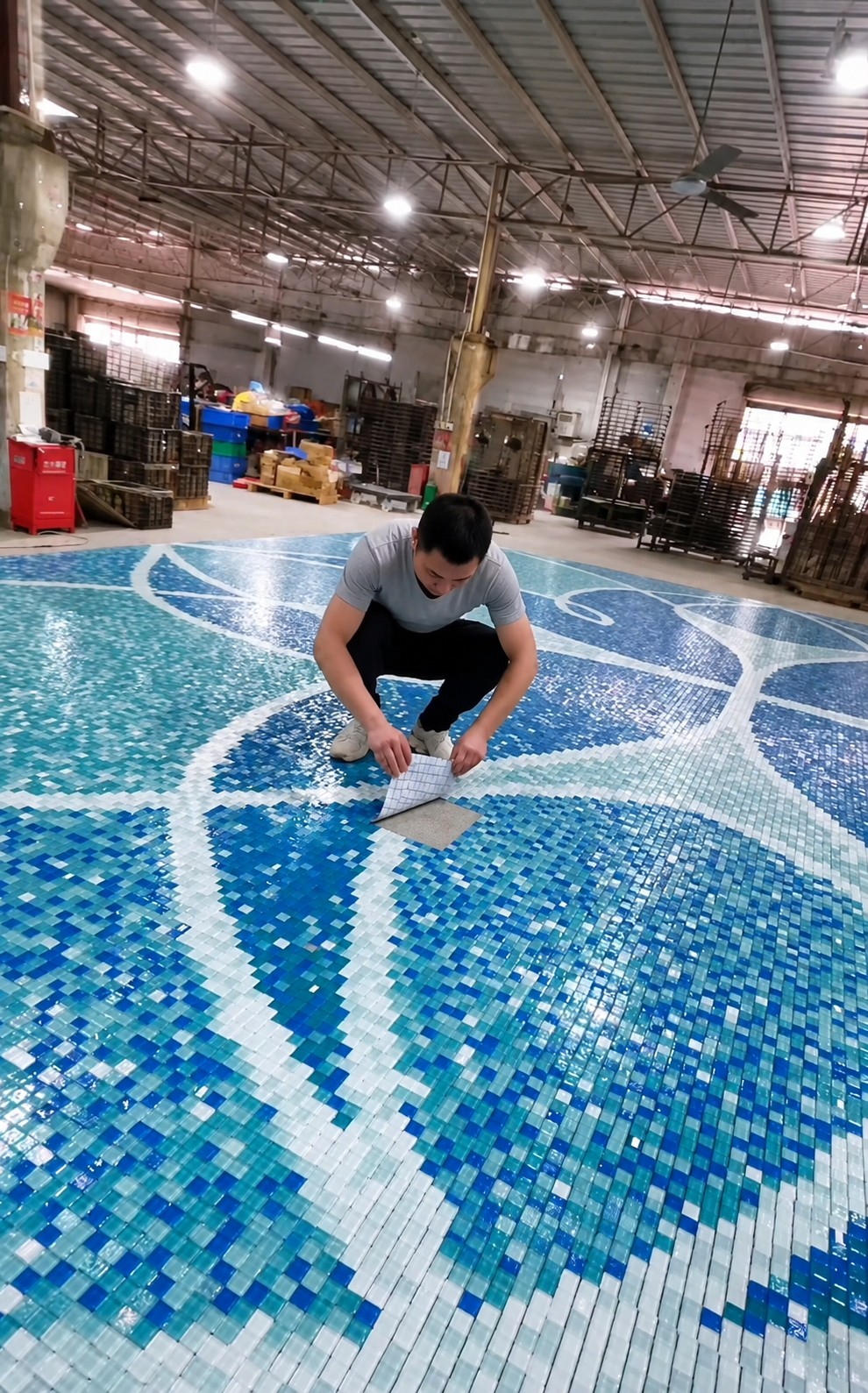 Craftsman checking a large mosaic artwork for quality and placement accuracy
