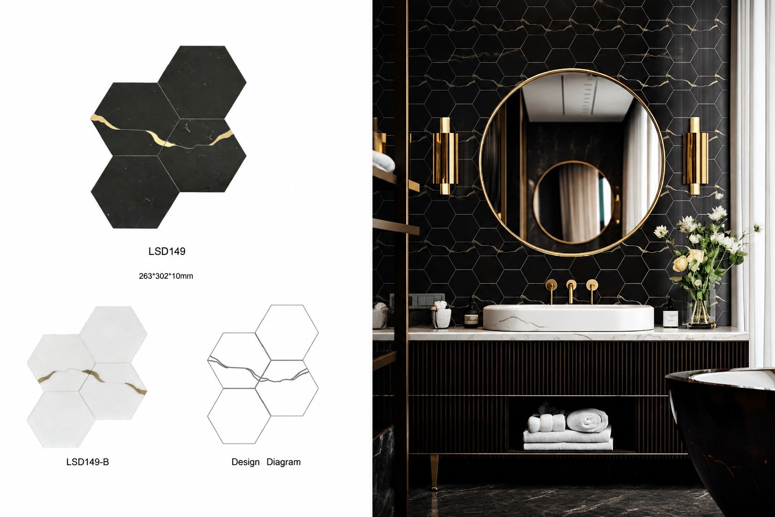 Golden Vein Hexagon geometric natural stone mosaic